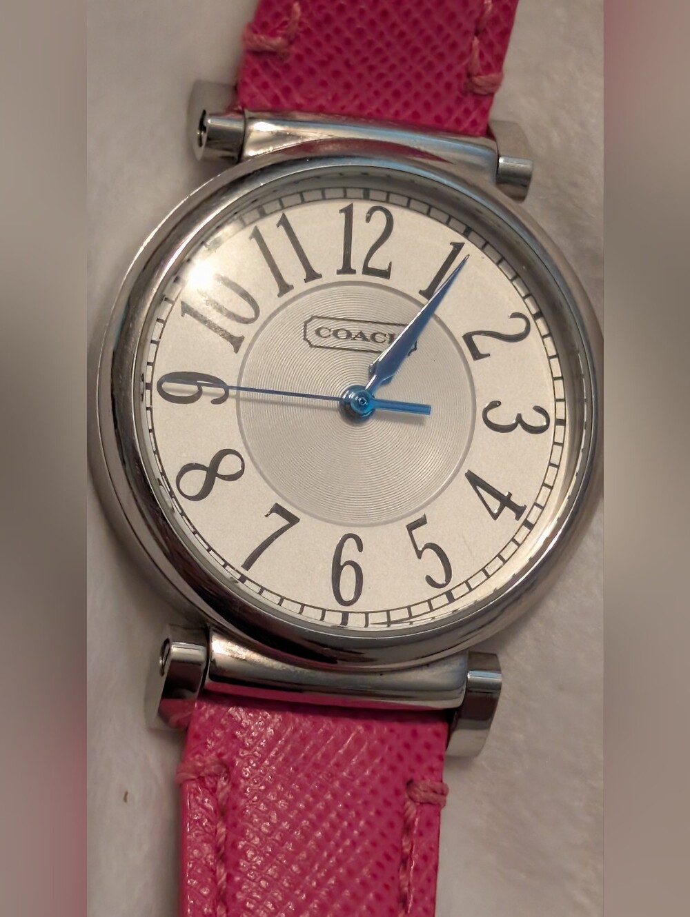 Coach Madison Round Leather Strap Watch Pink Silver Teal Hands EUC